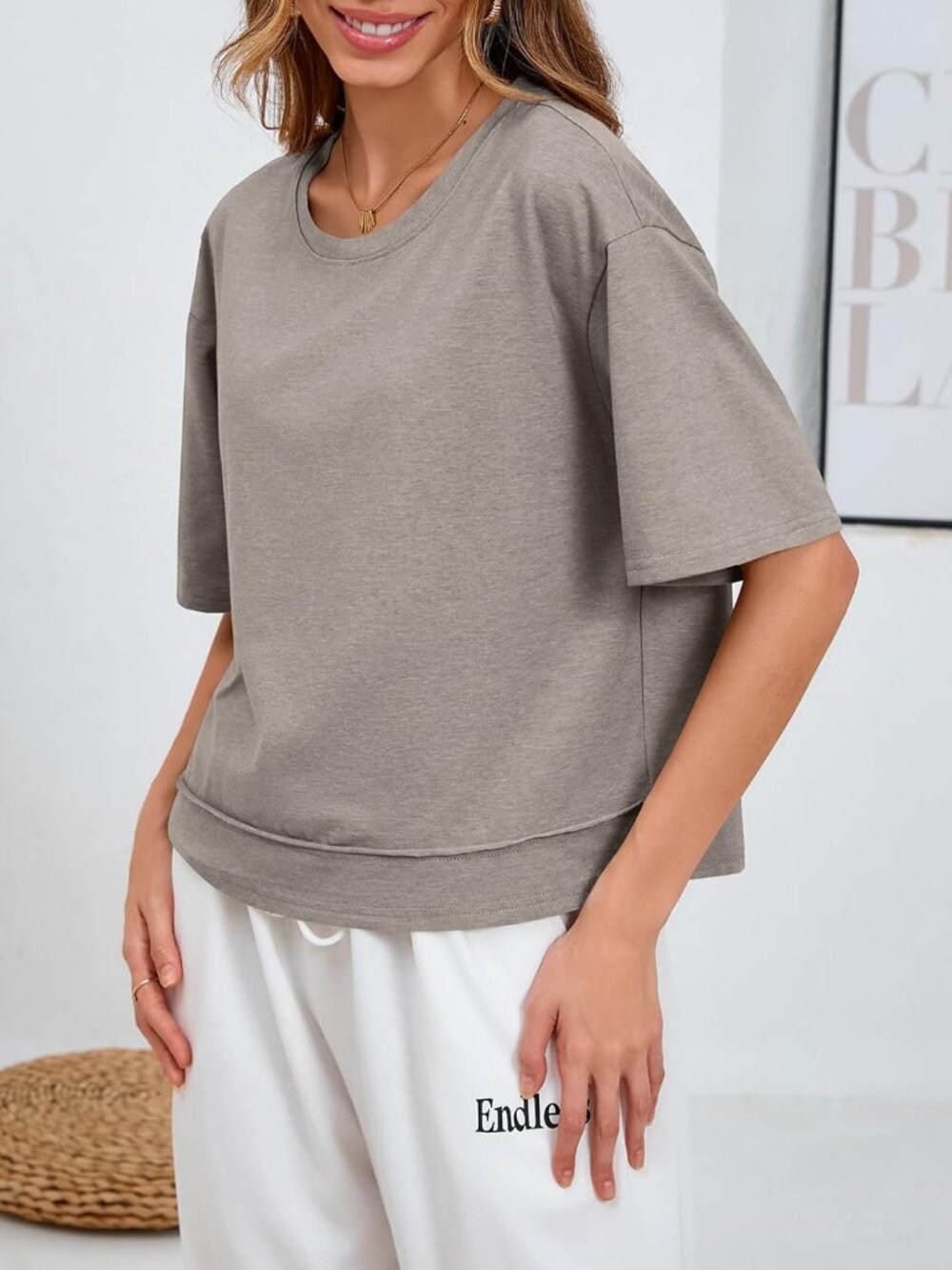 Women's Light Brown Crew Neck Short Sleeve Cropped T Shirt Loose Fit Casual Top - Picture 5 of 5